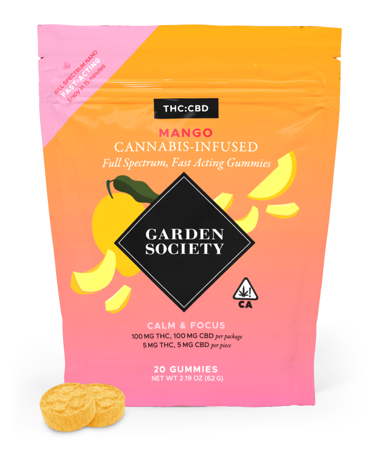 A photograph of Garden Society Gummy Mango 1:1 THC/CBD 100mg 20pk