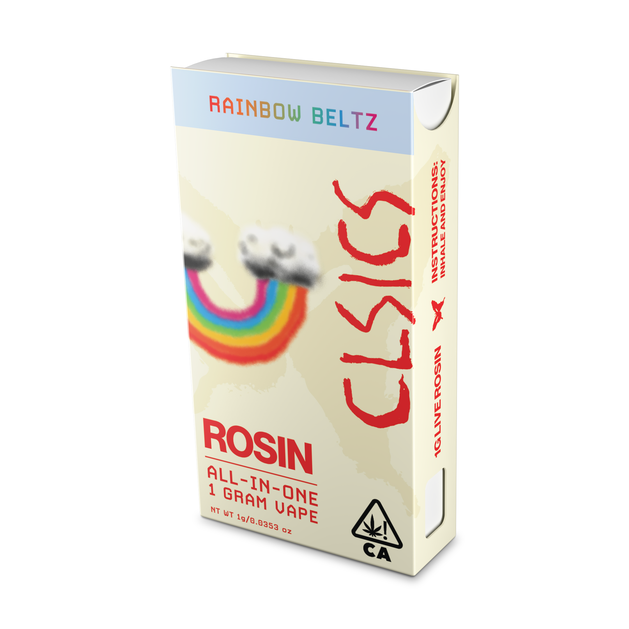 A photograph of CLSICS Live Rosin All-In-One Cartridge 1g Hybrid Rainbow Beltz