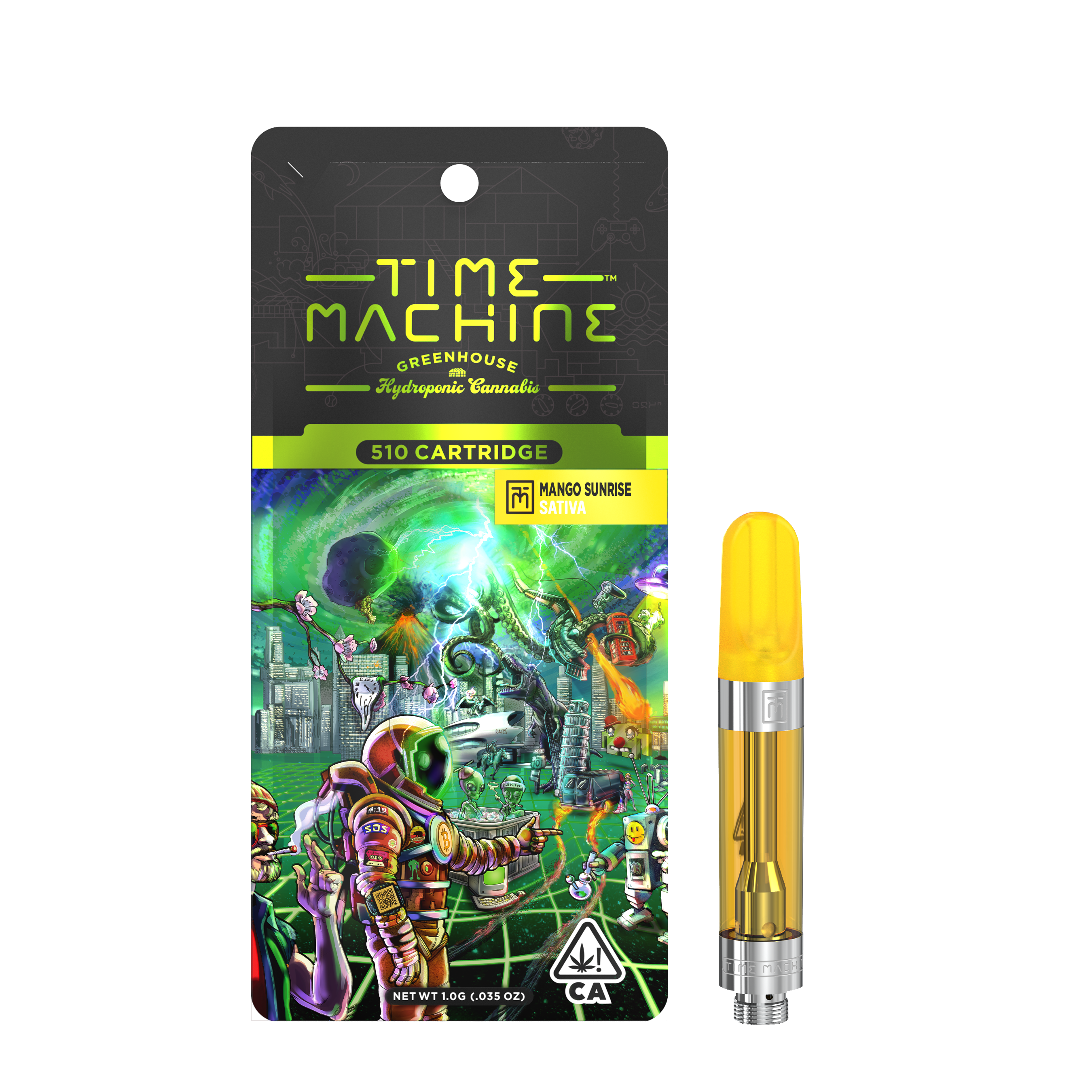 A photograph of Time Machine Cartridge 1g Sativa Mango Sunrise