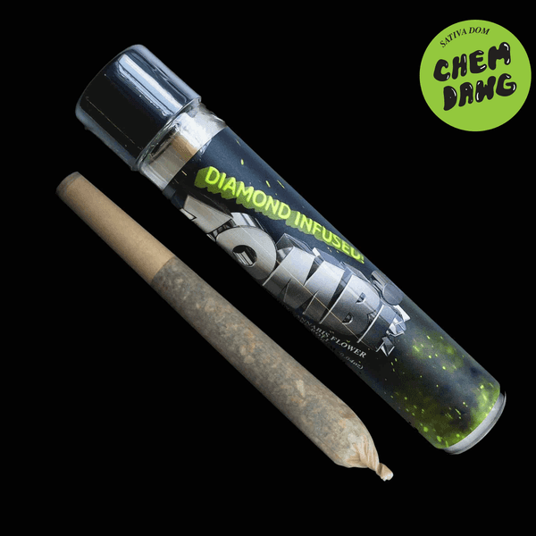 A photograph of Zombi Diamond Infused Preroll 1g Sativa Chem Dawg