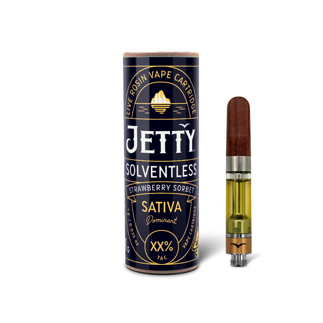A photograph of Jetty Cartridge 1g Solventless Strawberry Sorbet