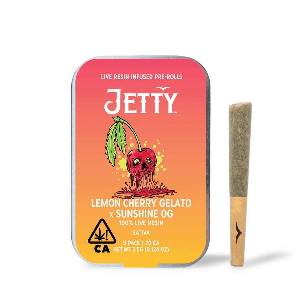 A photograph of Jetty Live Resin Preroll Lemon Cherry Gelato x Sunshine OG 5pk