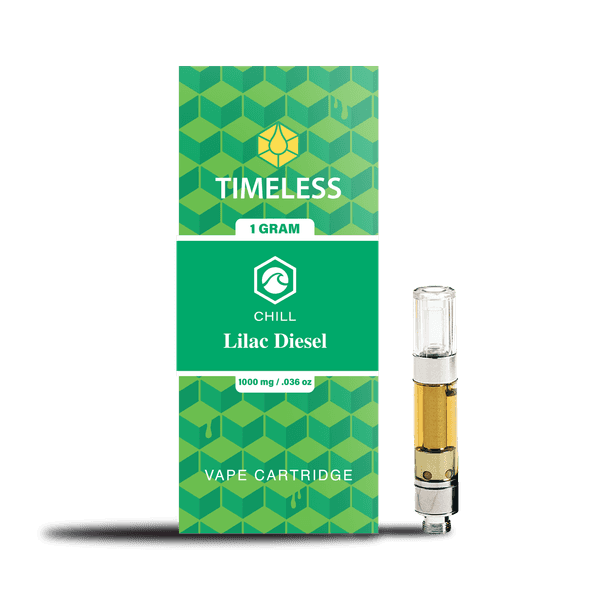 A photograph of Timeless Cartridge Chill 1g Hybrid Lilac Diesel