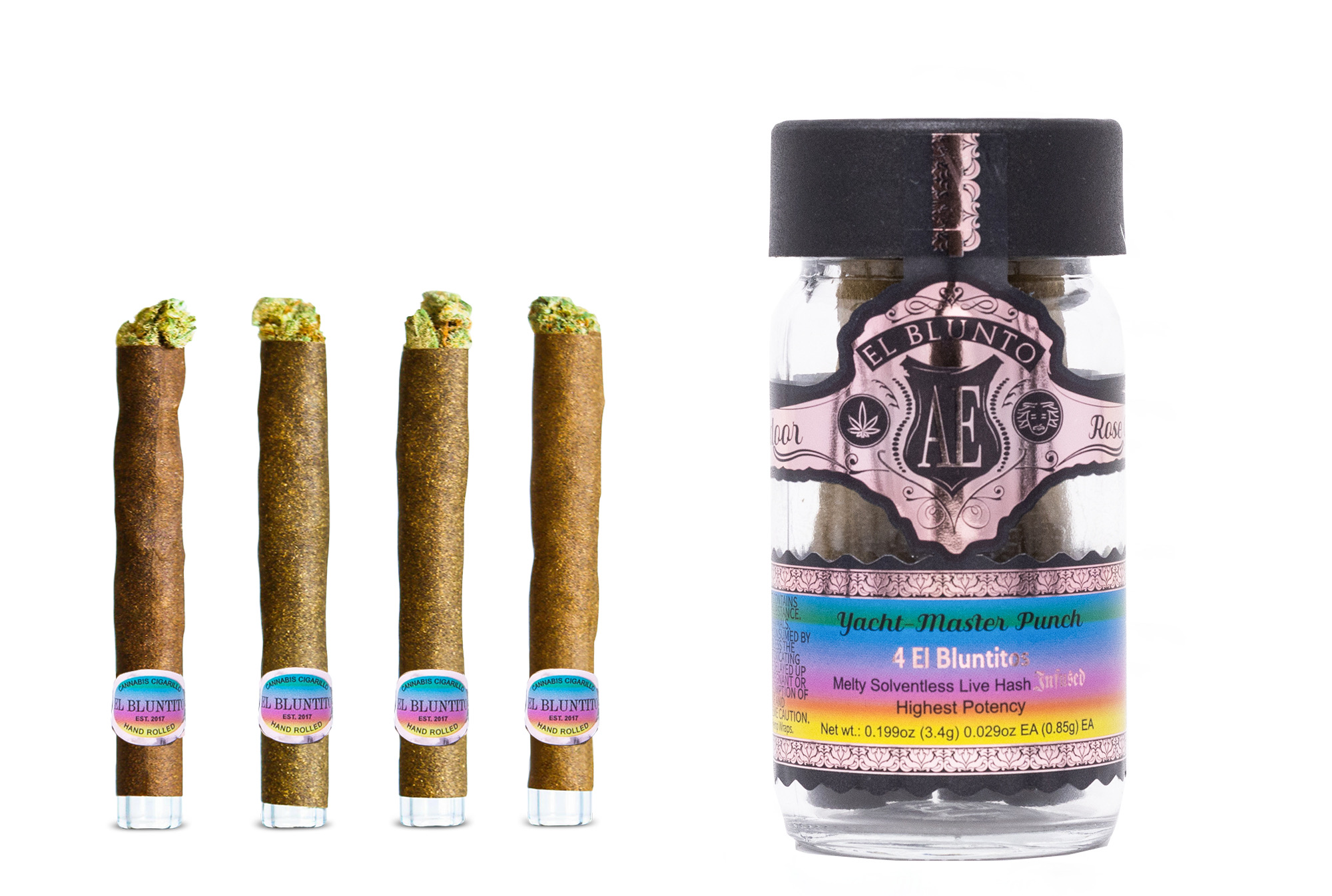 A photograph of El Blunto Rose Gold Hash Bluntito .75g Indica Yacht Master Punch 4pk 3.4g