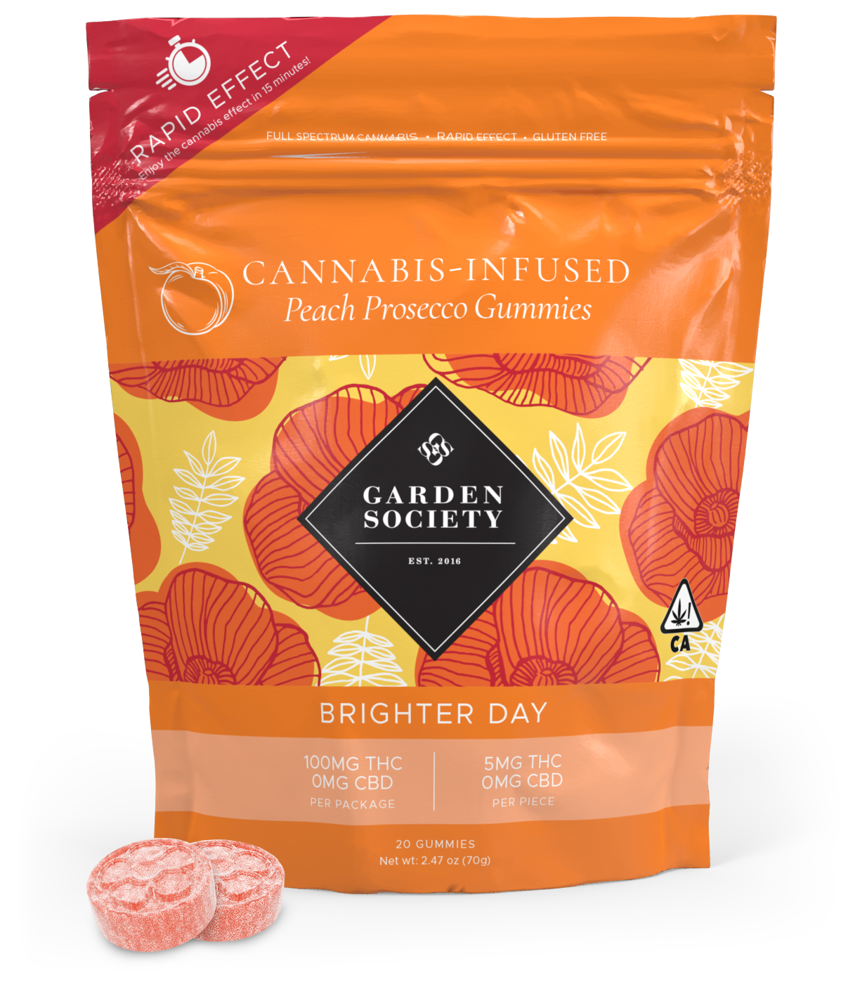 A photograph of Garden Society Gummy Sativa Peach Prosecco 70mg 20pk