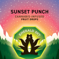 A photograph of Emerald Sky Hard Fruit Drops 20ct 100mg Indica Sleep Sunset Punch