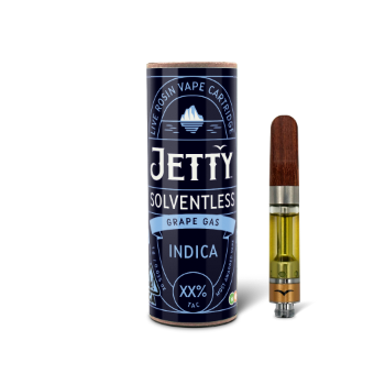 A photograph of Jetty Cartridge OCAL 1g Solventless Grape Gas