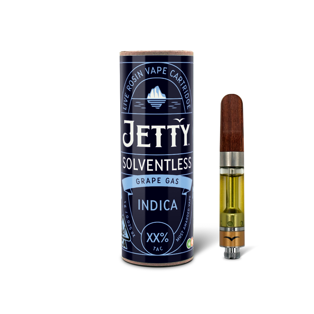 A photograph of Jetty Cartridge OCAL 1g Solventless Grape Gas