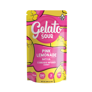 A photograph of Gelato Gummies 100mg Sativa Sour Pink Lemonade 10ct