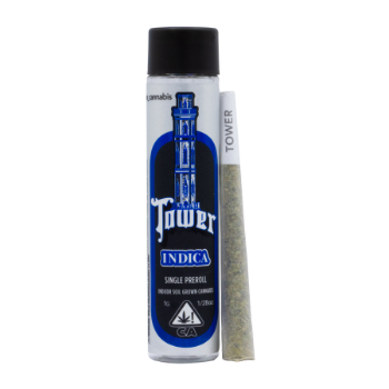 A photograph of Source Cannabis Preroll Tower 1g Indica Motor Breath OG 1pk