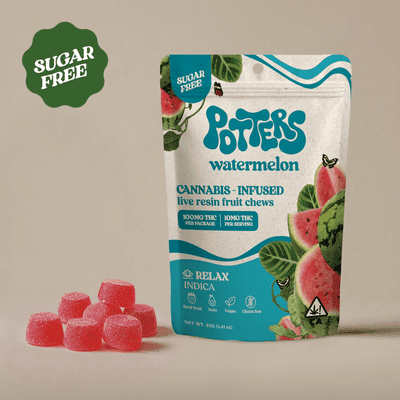 Potters Fruit Chew Sugar-Free Live Resin Indica Watermelon 10pk 100mg THC