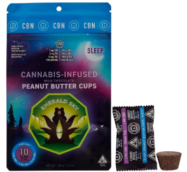 A photograph of Emerald Sky Peanut Butter Cups 10ct 100mg 10:2:2 THC/CBD/CBN Sleep Milk Chocolate