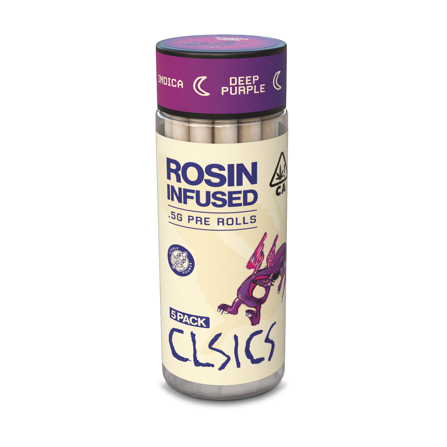 A photograph of CLSICS Rosin Preroll 5pk .5g Indica Deep Purple