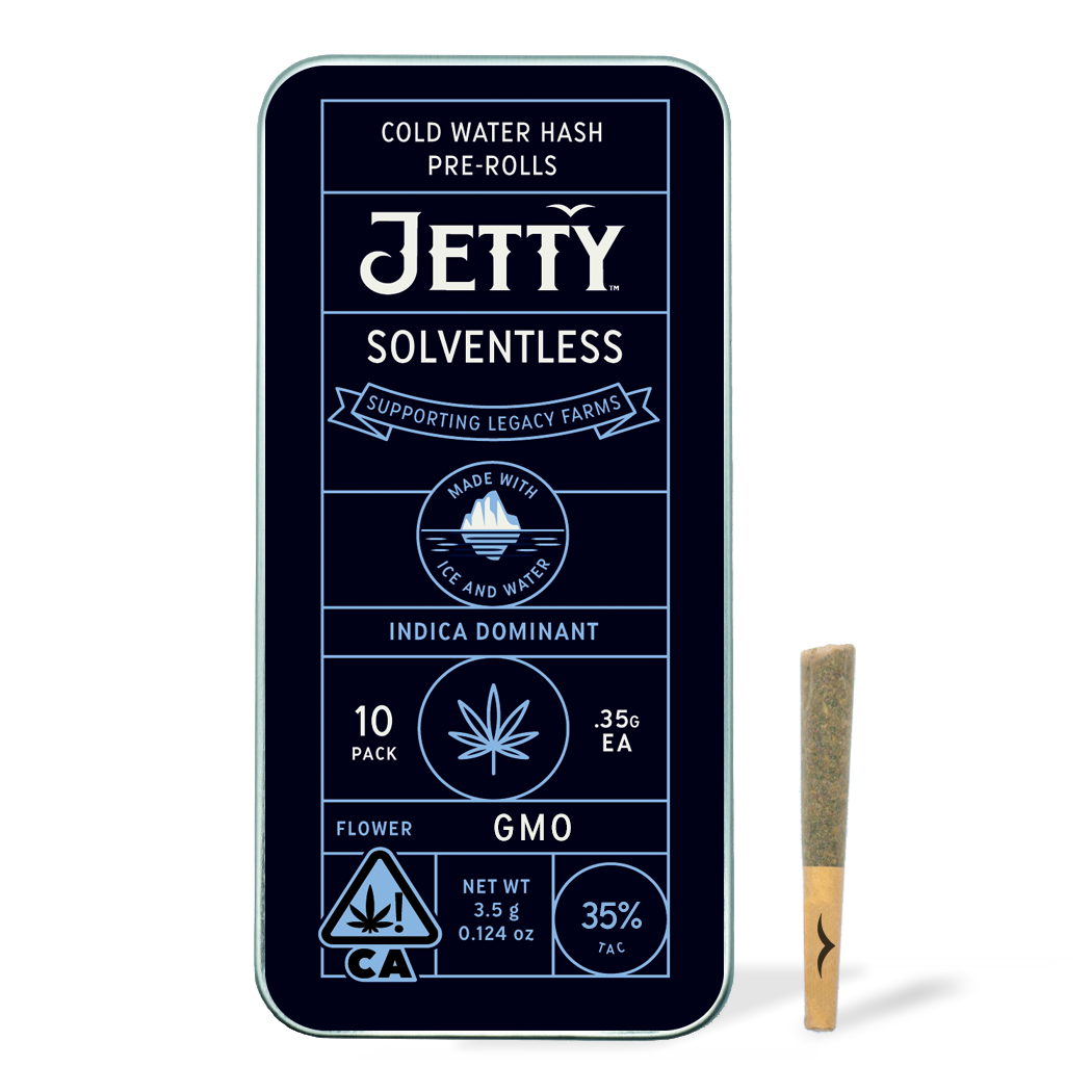 A photograph of Jetty Solventless Preroll OCAL GMO x GMO Rosin 10pk