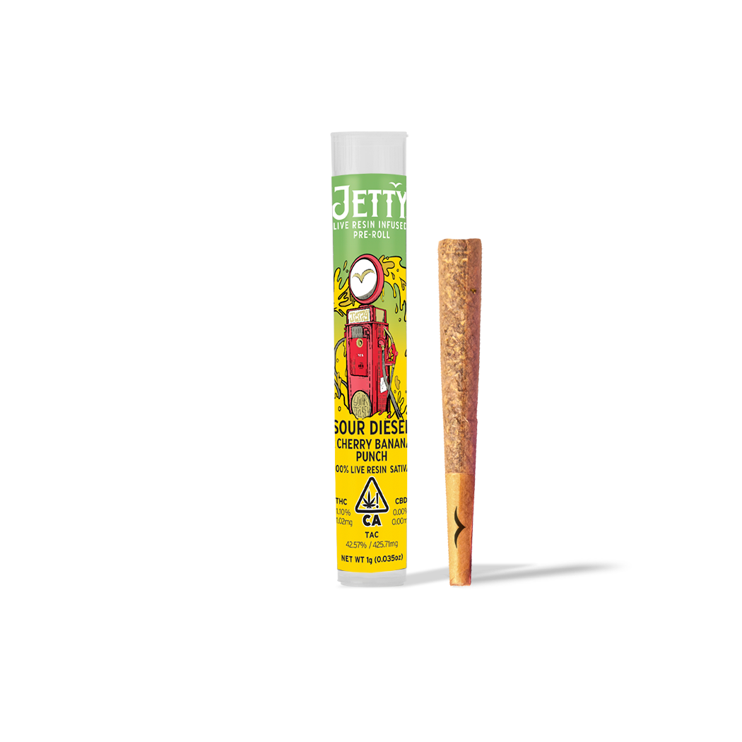 A photograph of Jetty 1g Live Resin Preroll Sour Diesel x Cherry Banana Punch