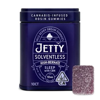 A photograph of Jetty Solventless Rosin Gummies 5:1 - 20mg CBN Wild Berry Dream, 10ct, 100mg THC