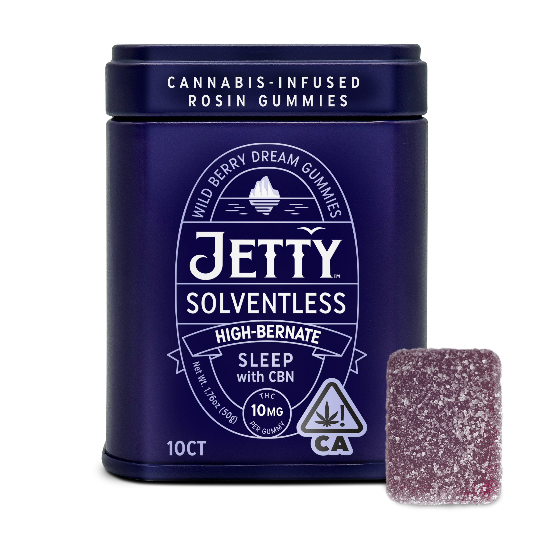 A photograph of Jetty Solventless Rosin Gummies 5:1 - 20mg CBN Wild Berry Dream, 10ct, 100mg THC
