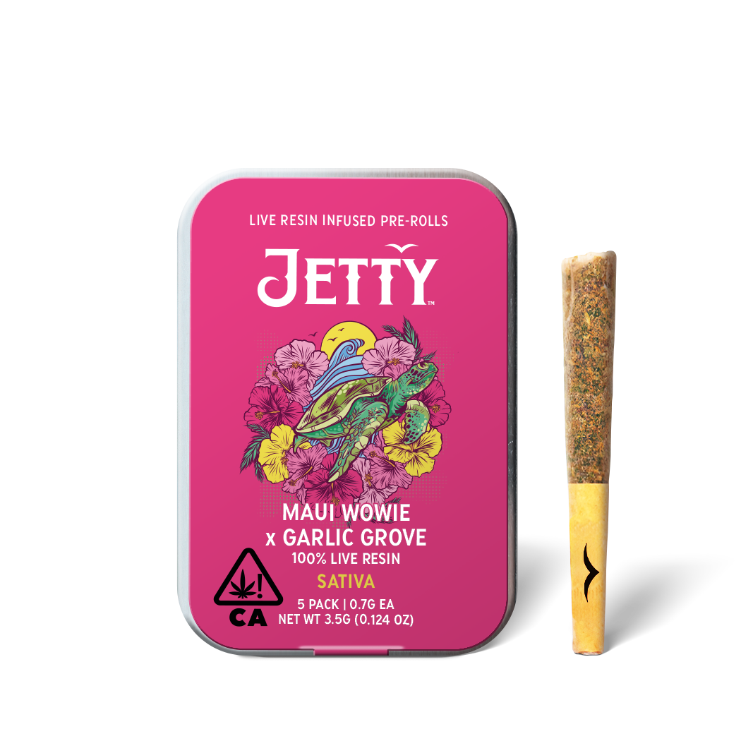 A photograph of Jetty Live Resin Preroll Maui Wowie x Garlic Grove 5pk