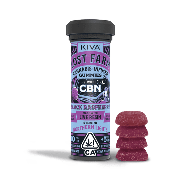 A photograph of Lost Farm Gummies Black Raspberry Northern Lights CBN 10:5