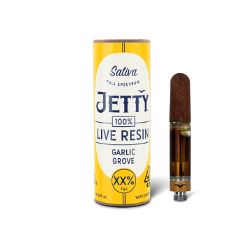 A photograph of Jetty Cartridge 1g Unrefined LR Garlic Grove