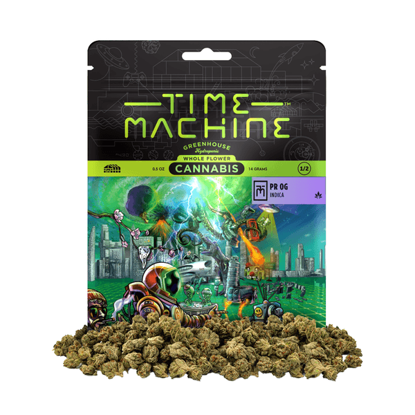 A photograph of Time Machine Flower 14g Indica PR OG 8ct