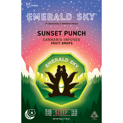 Emerald Sky Hard Fruit Drops 20ct 100mg Indica Sleep Sunset Punch