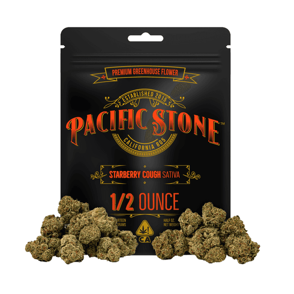 A photograph of Pacific Stone Flower 14.0g Pouch Sativa Starberry Cough 8ct