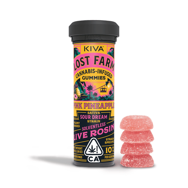 A photograph of Lost Farm Gummies Pink Pineapple Sour Dream Rosin