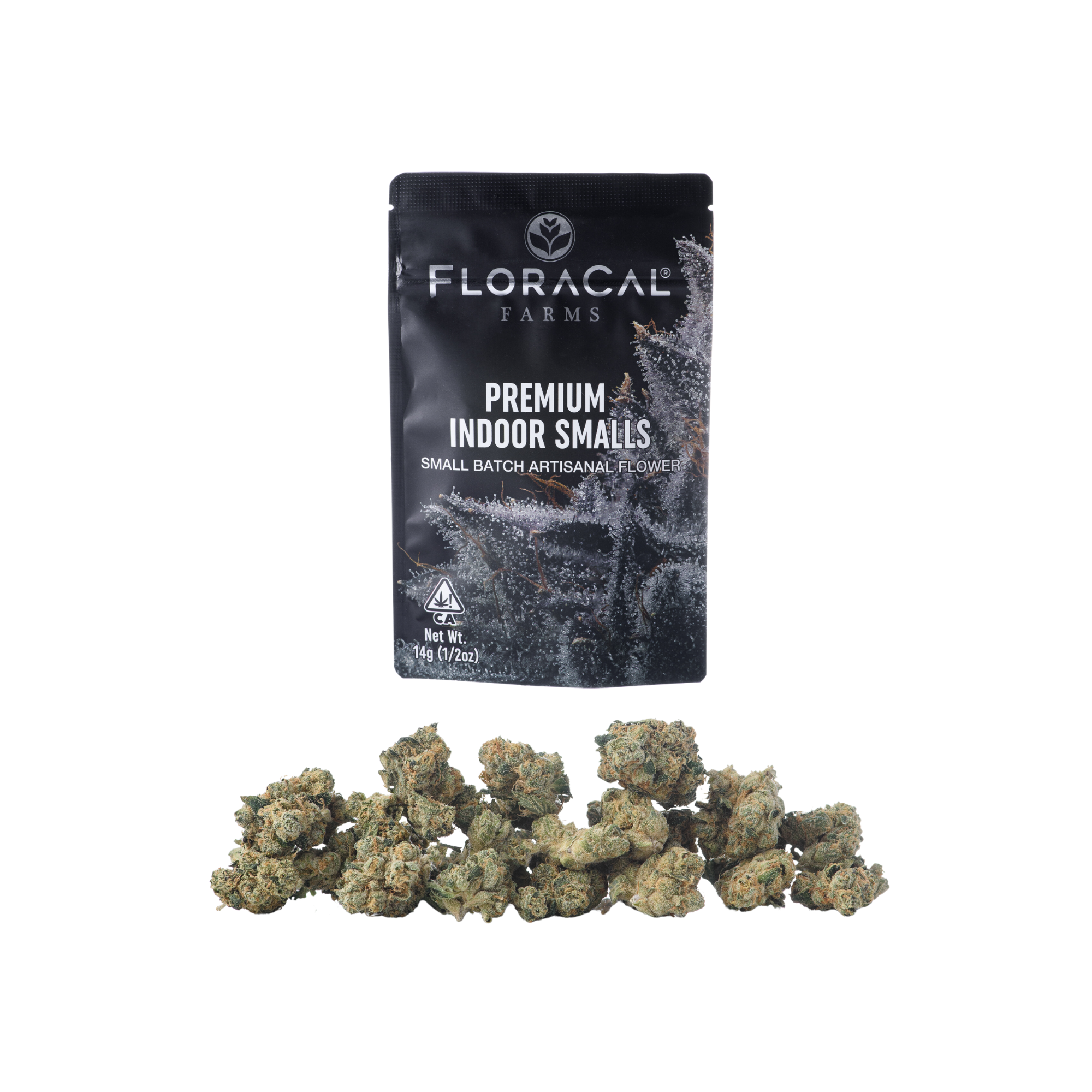 A photograph of FloraCal Flower 14g Smalls Indica RS54