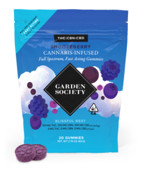A photograph of Garden Society CBN/CBD Gummy Snoozeberry 1:1:1 THC/CBN/CBD 100mg 20pk