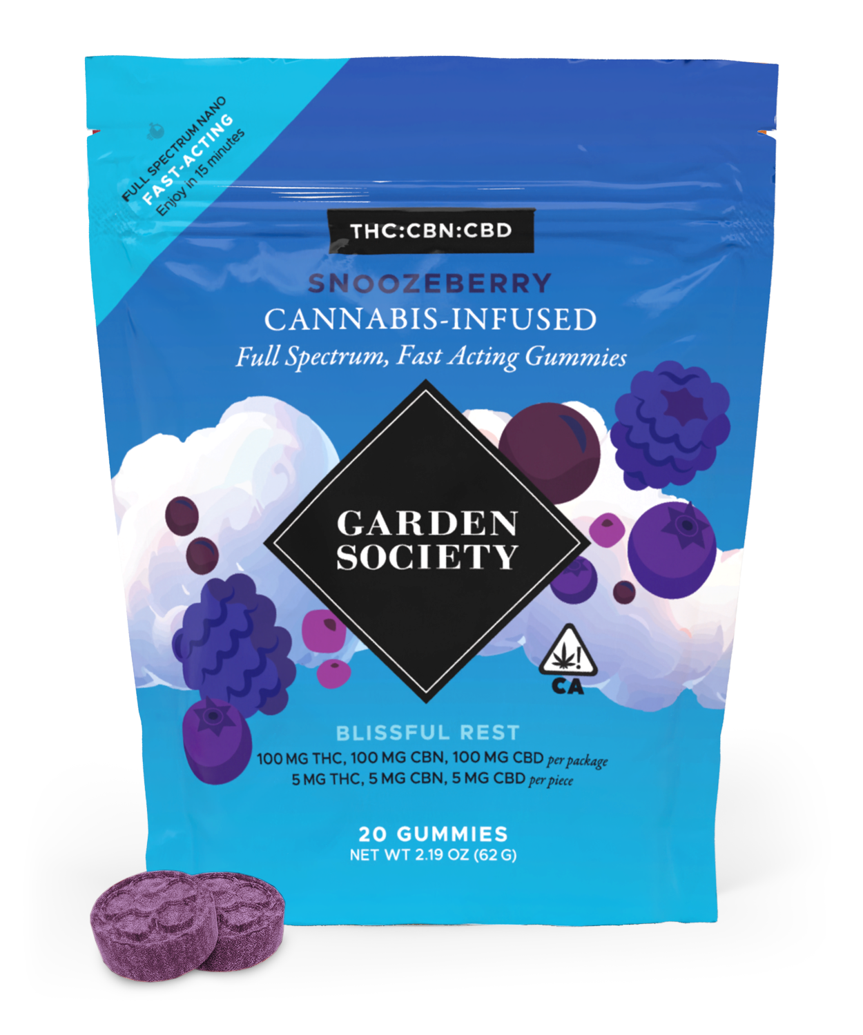 A photograph of Garden Society CBN/CBD Gummy Snoozeberry 1:1:1 THC/CBN/CBD 100mg 20pk