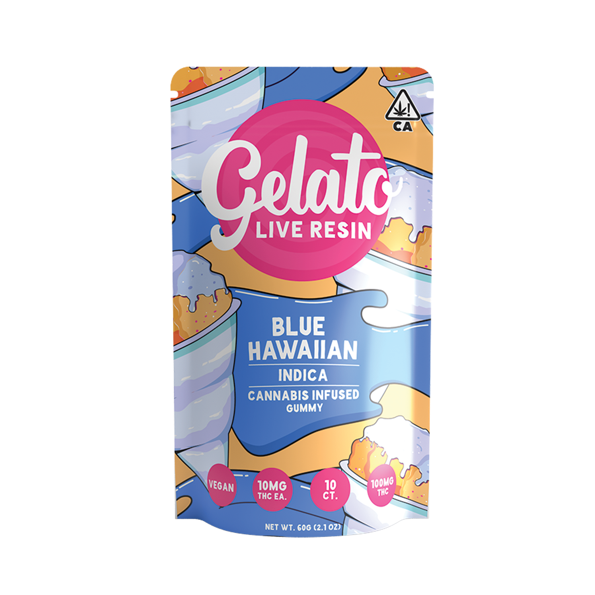 A photograph of Gelato Gummies 100mg Indica LR Blue Hawaiian 10ct