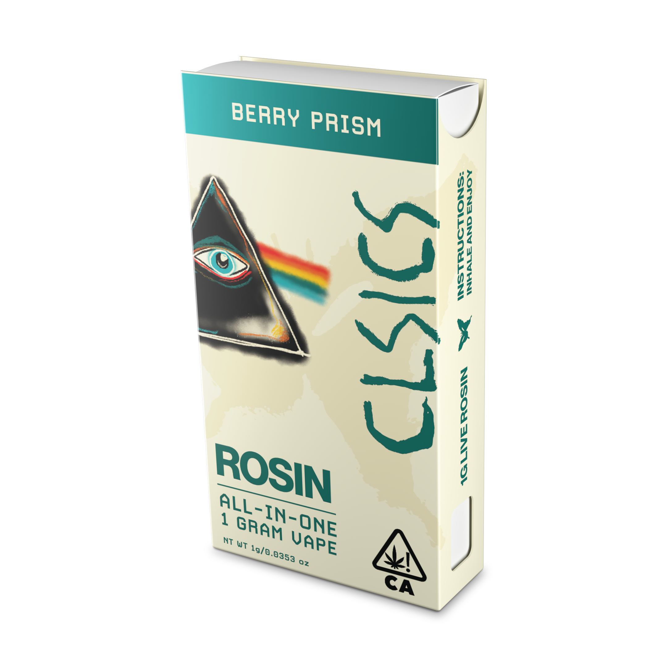 A photograph of CLSICS Live Rosin All-In-One Cartridge 1g Indica Berry Prism