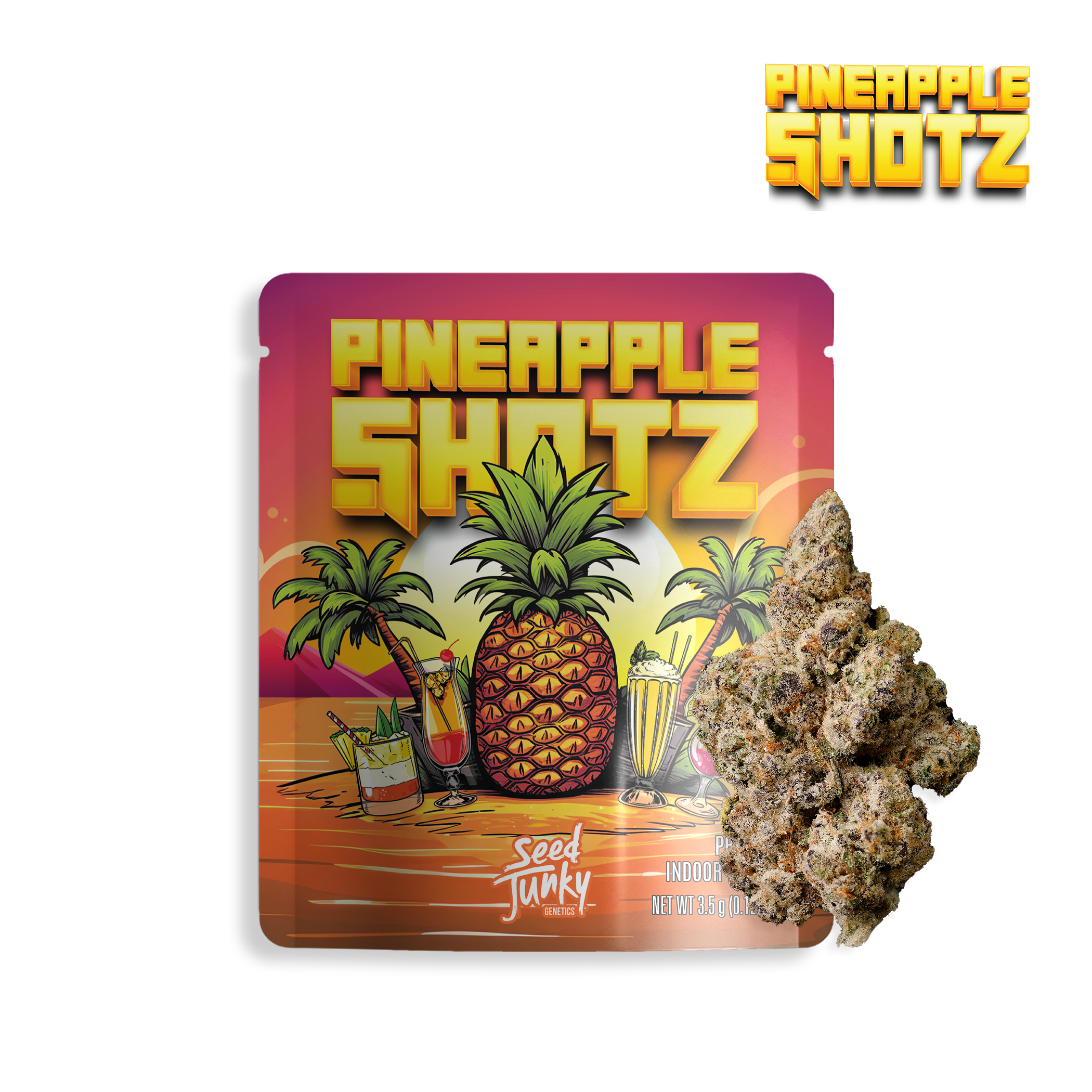 A photograph of Seed Junky Flower 3.5g Sativa Pineapple Shotz 16ct