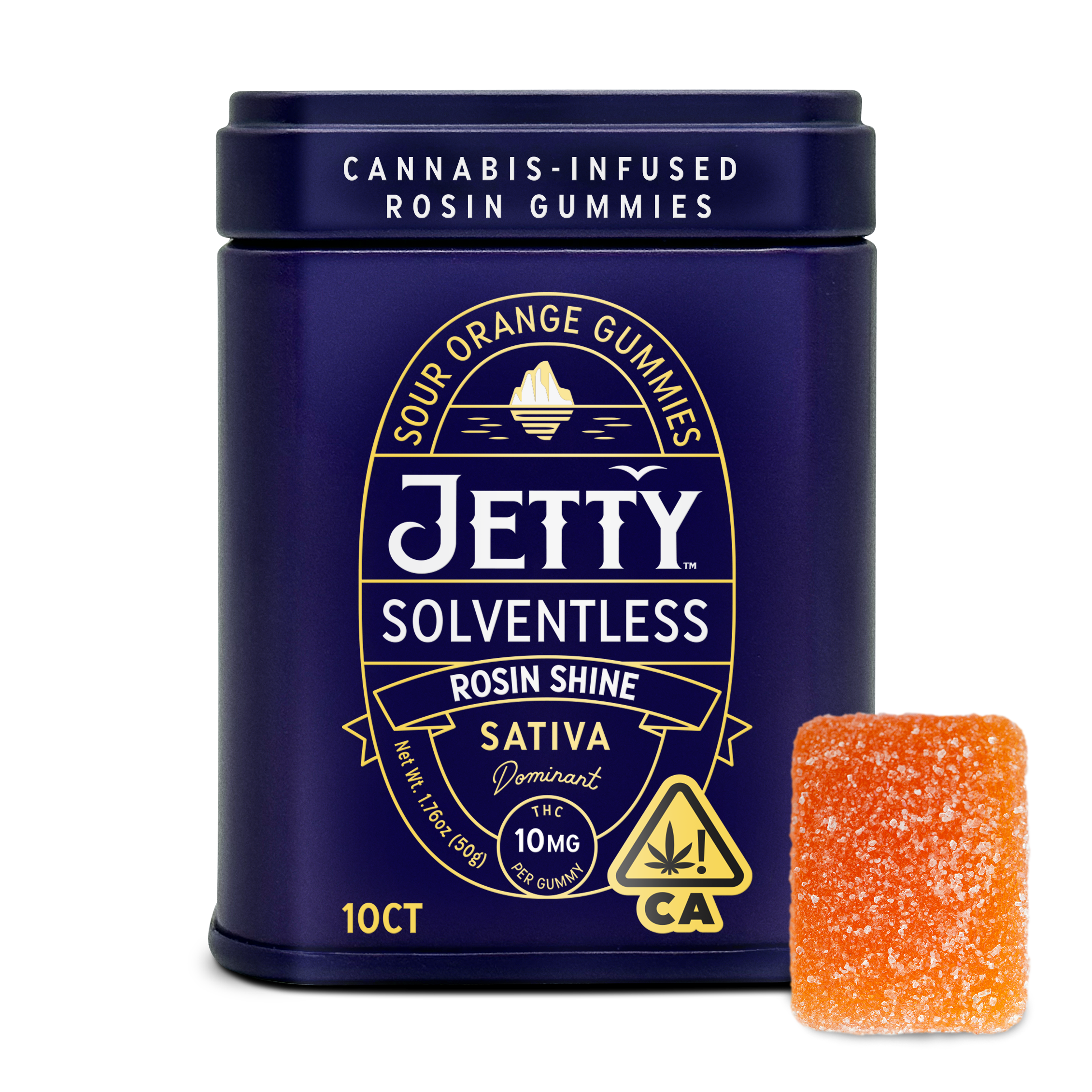 A photograph of Jetty Solventless Rosin Gummies 10ct Tin Sour Orange Rosin Shine