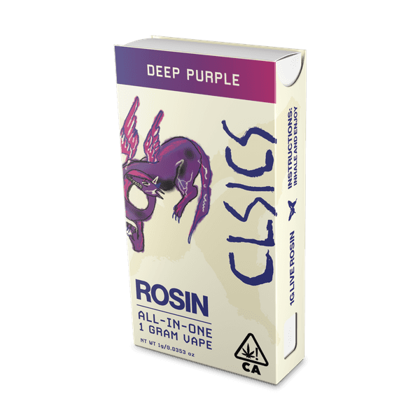 A photograph of CLSICS Live Rosin All-In-One Cartridge 1g Indica Deep Purple