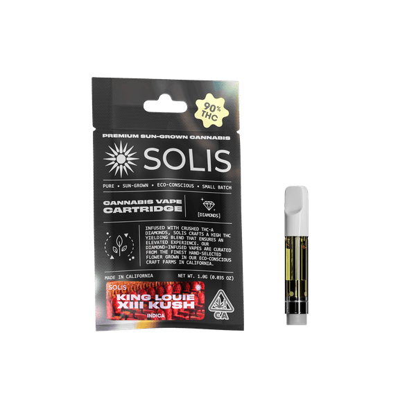 A photograph of Solis Diamond Enhanced Cartridge 1g Indica King Louie XIII Kush