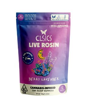 A photograph of CLSICS Live Rosin Gummies Indica CBN Berry Lavender