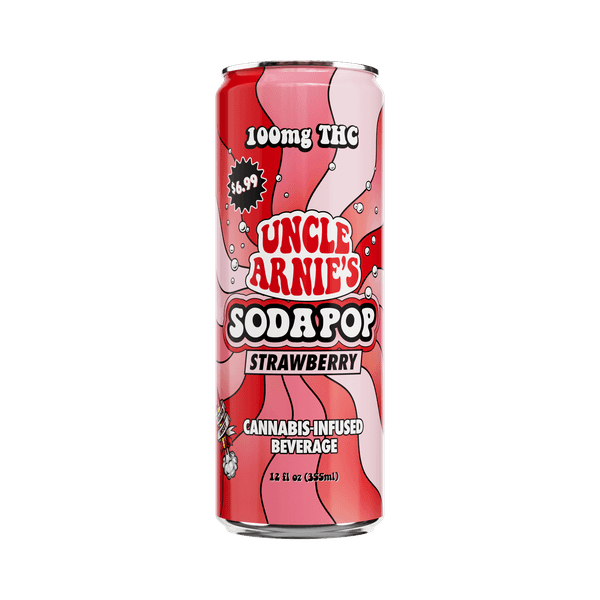 A photograph of Uncle Arnie's Beverage 12oz Strawberry Soda 100mg