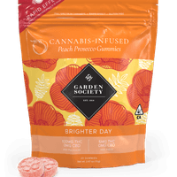 A photograph of Garden Society Gummy Sativa Peach Prosecco 100mg 20pk