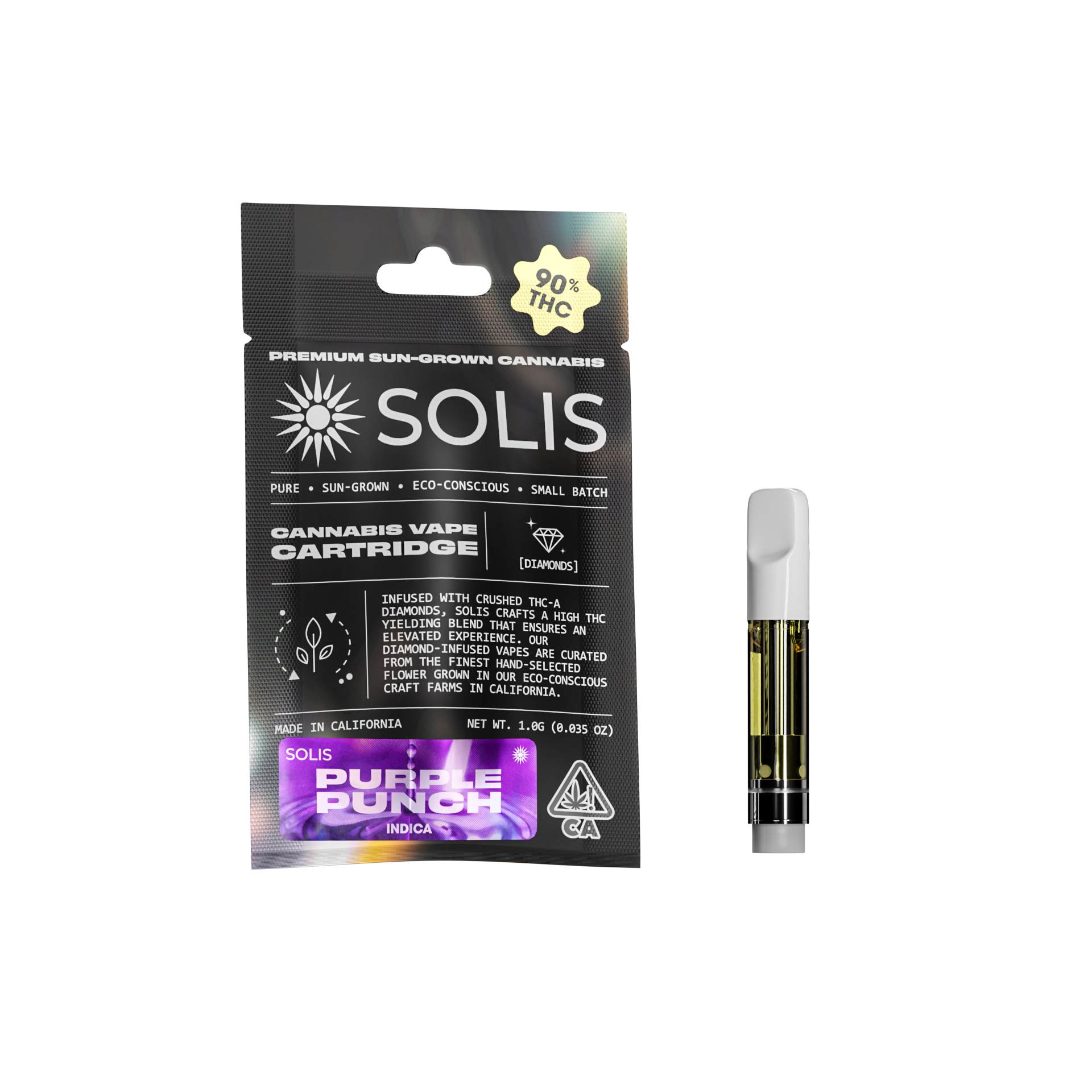 A photograph of Solis Diamond Enhanced Cartridge 1g Indica Purple Punch