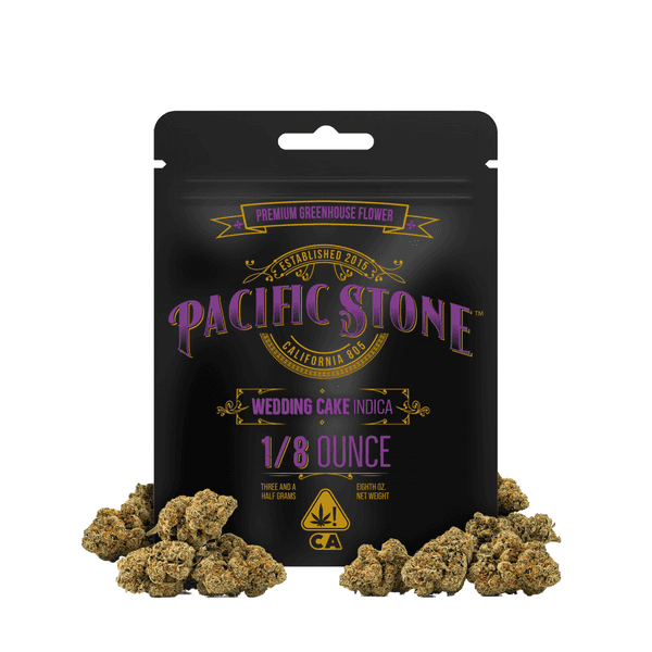 A photograph of Pacific Stone Flower 3.5g Pouch Indica Wedding Cake 16ct