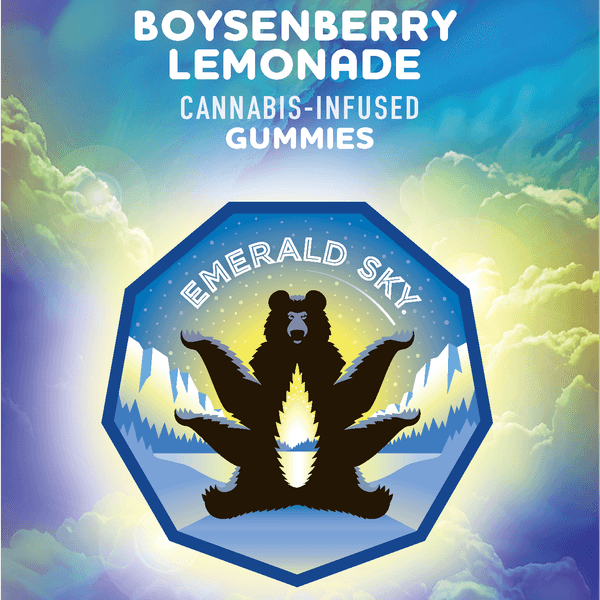 A photograph of Emerald Sky LR Gummies 10ct 100mg Indica Boysenberry Lemonade