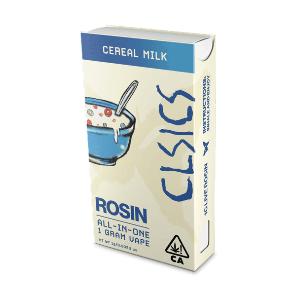 A photograph of CLSICS Live Rosin All-In-One Cartridge 1g Indica Cereal Milk