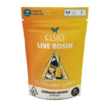 A photograph of CLSICS Live Rosin Gummies Sativa Clockwork Lemon
