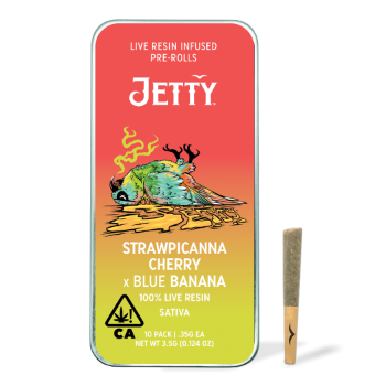 A photograph of Jetty Live Resin Preroll Strawpicanna Cherry x Blue Banana 10pk