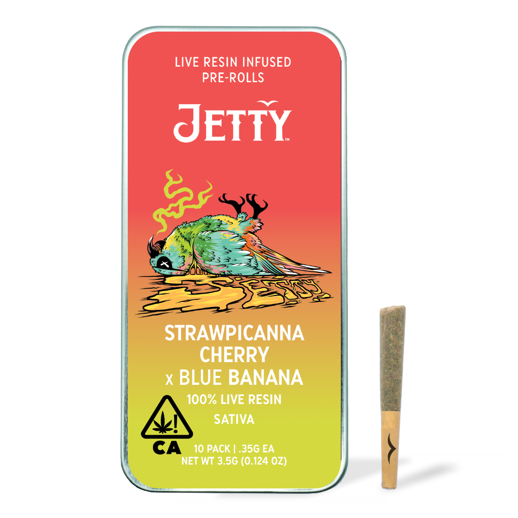 A photograph of Jetty Live Resin Preroll Strawpicanna Cherry x Blue Banana 10pk