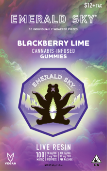 A photograph of Emerald Sky LR Gummies 10ct 100mg Blackberry Lime (New Package)