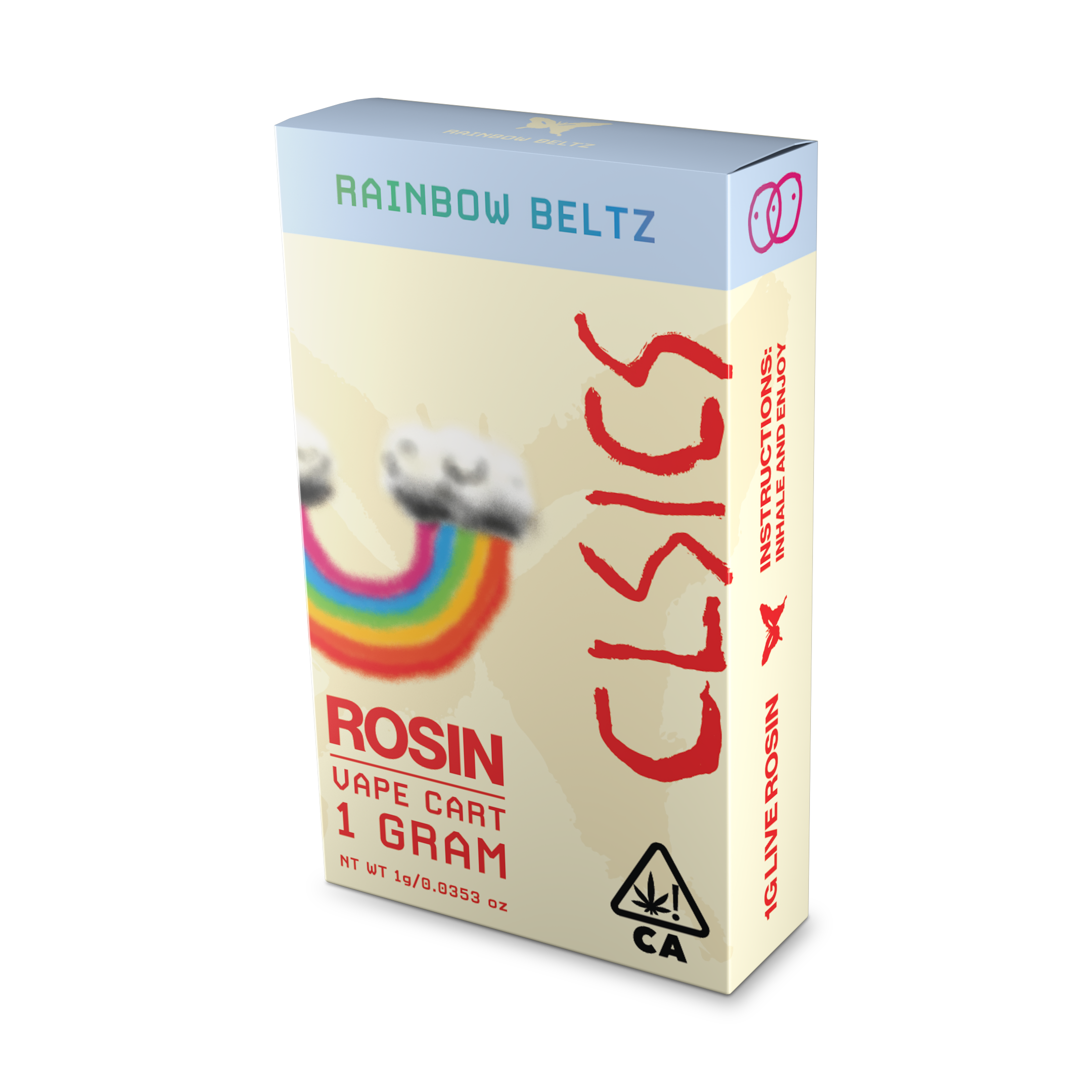 A photograph of CLSICS Live Rosin Cartridge 1g Hybrid Rainbow Beltz