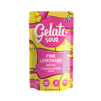 A photograph of Gelato Gummies 100mg Sativa Sour Pink Lemonade 10ct